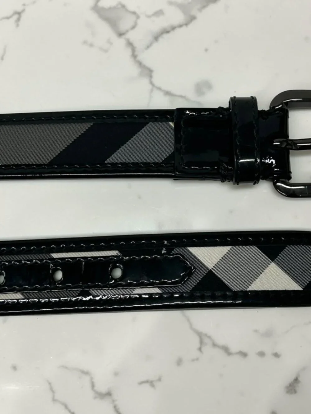 Burberry Black Beat Check and Patent Leather Belt, Size US 32